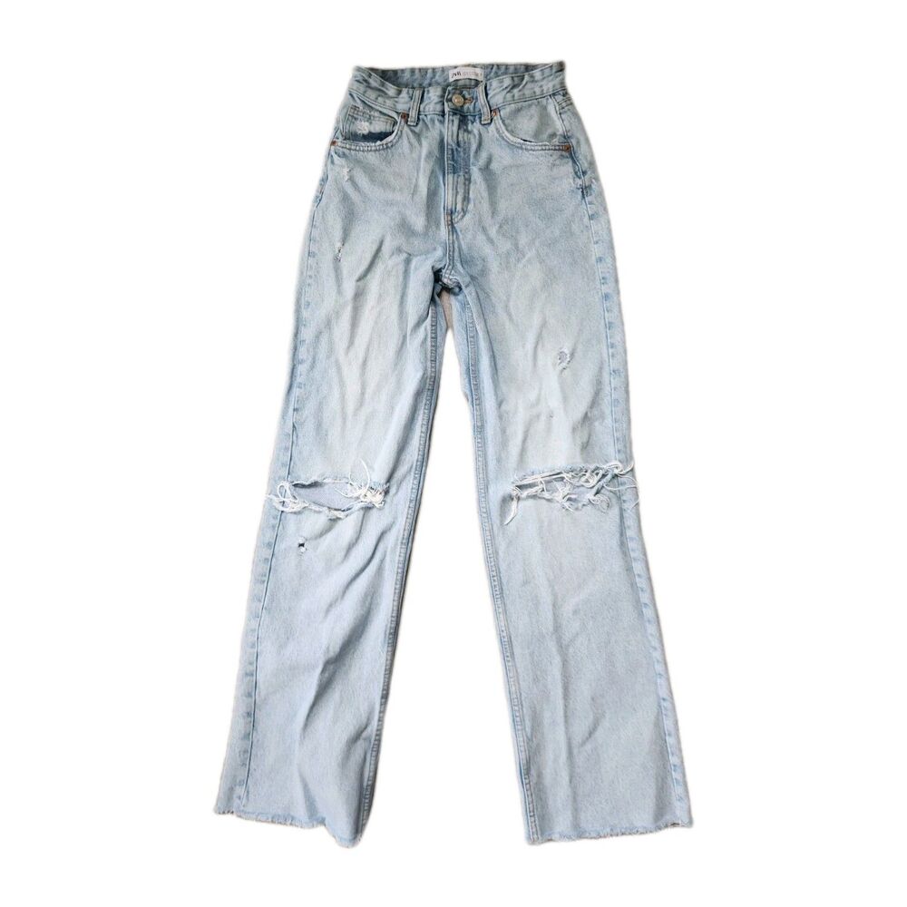 Zara Light Blue Straight Leg Jeans with Knee Rips